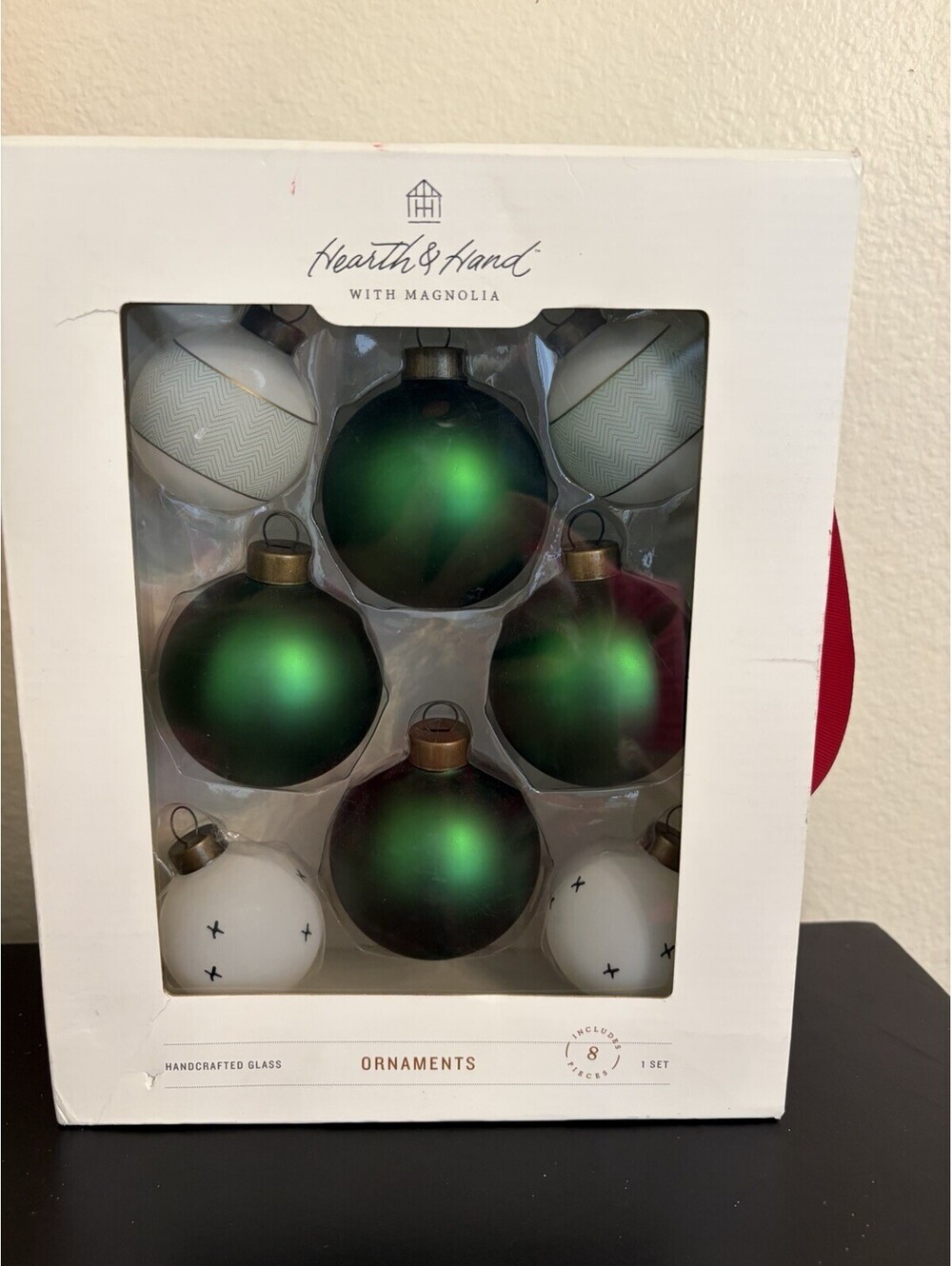 Hearth&Hand With Magnolia 2017 Glass Christmas Ornaments 8 In Box 4Green 4 White